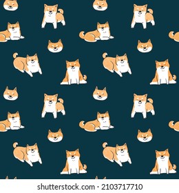 Seamless Pattern with Cartoon Shiba Inu Dog Design on Dark Blue Background