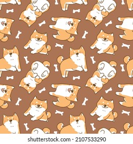 Seamless Pattern with Cartoon Shiba Inu Dog Design on Brown Background