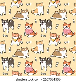 Seamless Pattern with Cartoon Shiba Inu Dog Design on Yellow Background