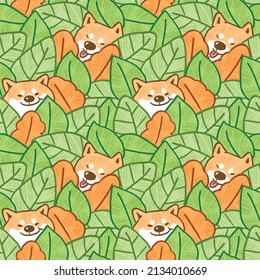 Seamless Pattern of Cartoon Shiba Inu Face and Leaf Illustration Design