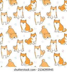 Seamless Pattern of Cartoon Shiba Inu Dog Design on White Background