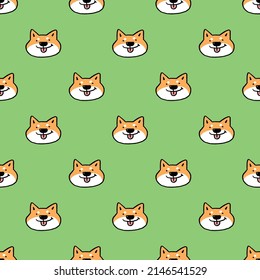 Seamless Pattern with Cartoon Shiba Inu Face Design on Green Background