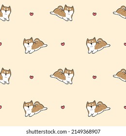 Seamless Pattern with Cartoon Shiba Inu Dog and Heart Design on Light Yellow Background