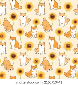 Seamless Pattern with Cartoon Shiba Inu Dog and Sunflower Design on Light Yellow Background