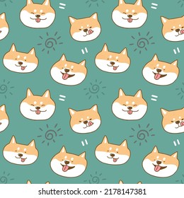 Seamless Pattern with Cartoon Shiba Inu Dog Face Design on Deep Green Background