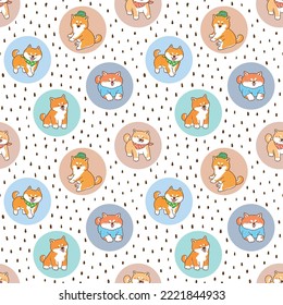 Seamless Pattern with Cartoon Shiba Inu Dog and Circle Design on White Background