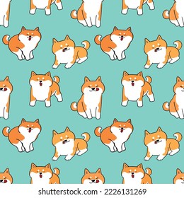 Seamless Pattern with Cartoon Shiba Inu Dog Design on Green Background