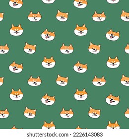 Seamless Pattern with Cartoon Shiba Inu Face Design on Green Background