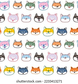 Seamless Pattern with Cartoon Shiba Inu Dog Face Design on White Background