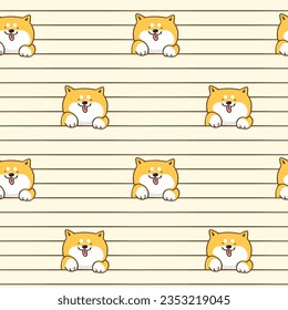 Seamless Pattern with Cartoon Shiba Inu Face and Line Design on Yellow Background