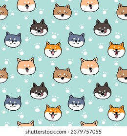 Seamless Pattern of Cartoon Shiba Inu Dog Face and Paw Design on Pastel Green Background