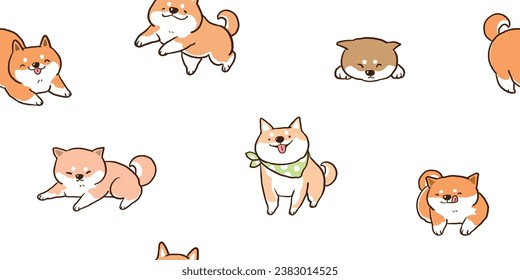 Seamless Pattern with Cartoon Shiba Inu Dog Characters on White Background