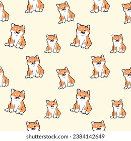 Seamless Pattern of Cartoon Shiba Inu Dog Design on Light Yellow Background