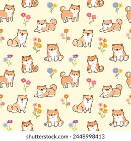 Nahtloses Muster mit Cartoon Shiba Inu Hund und Blumendesign auf hellgelbem Hintergrund