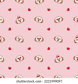 Seamless pattern with cartoon shih tzu dogs and hearts love. Vector illustration on pink background