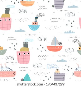 
nahtloses Muster mit Cartoon-Schiffen, Dekorelementen. Farbenfrohe Vektorillustration im flachen Stil für Kinder. Handzeichnung. Babydesign für Gewebe, Druck, Wrapper, Textilien
