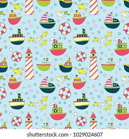 Seamless pattern with cartoon ships, fish and a lighthouse.
