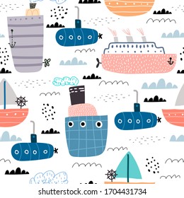 seamless pattern with cartoon ships, submarines, decor elements. Colorful vector flat style for kids. hand drawing. baby design for fabric, print, wrapper, textile