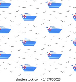 Seamless pattern with cartoon ships. Vector illustration.