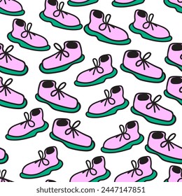 seamless pattern of cartoon shoes in doodle style in vector. template for background, wallpaper, wrapping, fabric, print