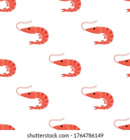 seamless pattern of cartoon shrimps isolated on white background, vector illustration, seafood print