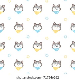 Seamless Pattern of Cartoon Siberian Husky Dog on White Background