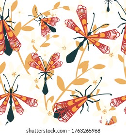 Seamless pattern of cartoon simple beetle collection colored insects flat vector illustration on white background with leaves