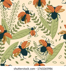 Seamless pattern of cartoon simple beetle collection colored insects flat vector illustration on beige background with leaves