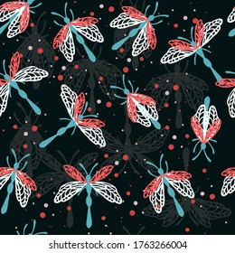 Seamless pattern of cartoon simple beetle collection colored insects flat vector illustration on dark background