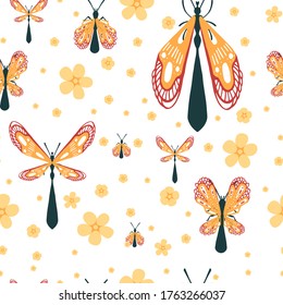 Seamless pattern of cartoon simple beetle collection colored insects flat vector illustration on white background with flowers