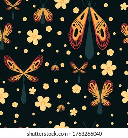 Seamless pattern of cartoon simple beetle collection colored insects flat vector illustration on dark background with flowers