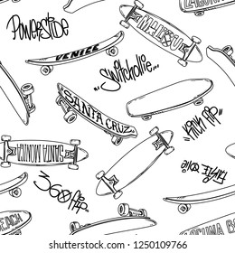 Seamless pattern with cartoon skateboarding and graffiti inscription trick, Skate background. Skateboarding doodle illustration.