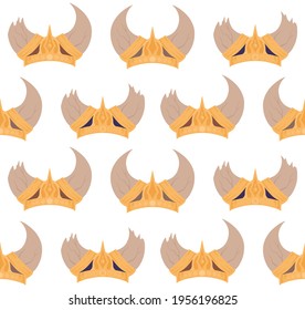 Seamless pattern with the cartoon sketch of the horned viking helmets in a row. Texture with the ammunition of the ancient warriors of the defenders. Military colorful wallpaper.