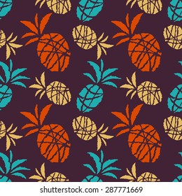 Seamless pattern with cartoon sketch pineapples. Food, fruits. Repeating print, background texture, wallpaper