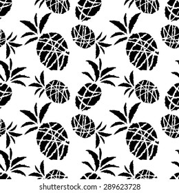 Seamless pattern with cartoon sketch pineapples. Food, fruits. Repeating print, background texture black and white, wallpaper