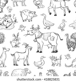 Seamless pattern of cartoon sketches on livestock on white background