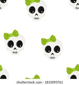 seamless pattern of cartoon skulls with bow, background with cute skull faces, vector texture Illustration of halloween skull, mexican day of the dead
