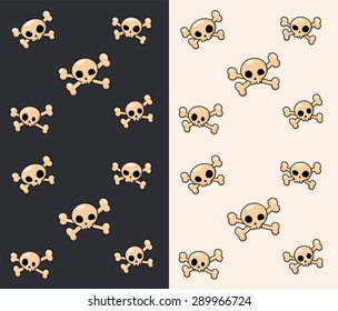 Seamless pattern of cartoon skulls and crossbones on a dark and light background. 
