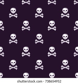 Seamless pattern with cartoon skulls and crossbones on dark background