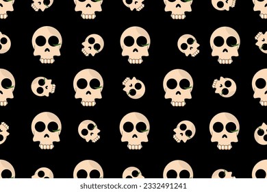 Patrón sin foco con dibujos animados Skulls sobre fondo negro. Ornamento sin fin con Scull. Envuelto papel con fondo de cabeza muerta. Ilustración vectorial. Papel de escritorio y papel de cama impreso.
