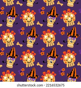 Seamless pattern with cartoon skulls in sombrero, with wreaths of flowers and bones for the Day of the Dead in Mexico. Vector texture.