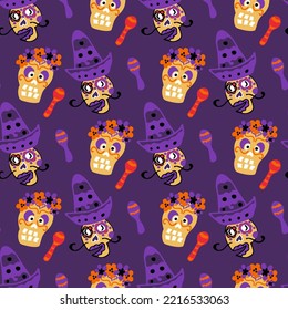 Patrón sin foco con cráneo de caricatura en sombrero, flores de flores y maracas para el Día de los Muertos en México. Textura vectorial.