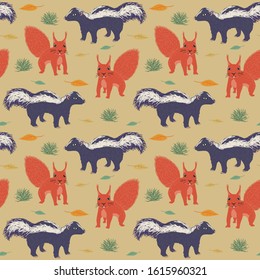 Seamless pattern of cartoon skunk and squirrel. Repeatable textile vector print, wallpaper design.