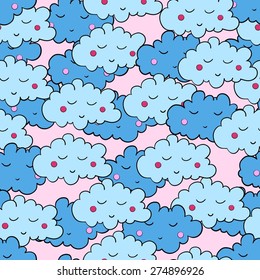 Seamless pattern with cartoon sleeping clouds. Can be used for wallpaper, greeting cards, wrapping paper, fabric for pajamas, pillow and bedsheet, childish bedroom, boy or girl nursery interior