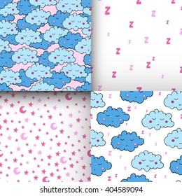 Seamless pattern with cartoon sleeping clouds, stars and zzz. Can be used for wallpaper, pattern fills, greeting cards, backgrounds, wrapping paper and textile or fabric. Vector illustration. EPS 10.