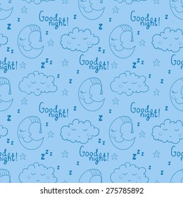 Seamless pattern with cartoon sleeping crescent, cloud and star. Can be used for wallpaper, wrapping paper,  pajamas, pillow and bedsheet, childish bedroom, nursery interior. Good night! 