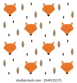 Seamless pattern with cartoon sleeping fox and leaves on the white background