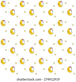 Seamless pattern with cartoon sleeping half moon. Can be used for wallpaper, greeting cards, wrapping paper, fabric for pajamas, pillow and bedsheet, childish bedroom, nursery interior. Good night! 