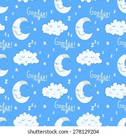 Seamless pattern with cartoon sleeping moon, cloud and star. Can be used for wallpaper,  wrapping paper, fabric for pajamas, pillow and bedsheet, childish bedroom, nursery interior. Good night! 
