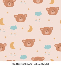 Patrón sin foco con el oso de la caricatura que duerme, linda cabeza de peluche, nubes, luna al estilo escandinavo. Ilustración Boho para textiles, tela, diseño de impresión, papel pintado, papel de regalo. Vector